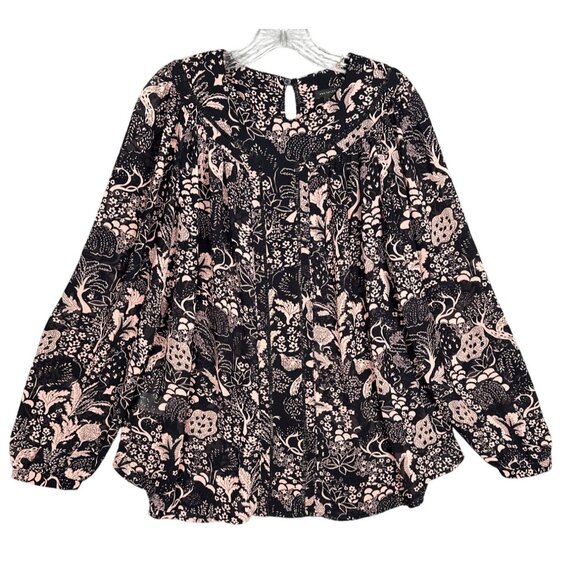 Ann Taylor Womens Black Pink Floral Blouse Large Long Sleeve Boho Peasant - Picture 1 of 11